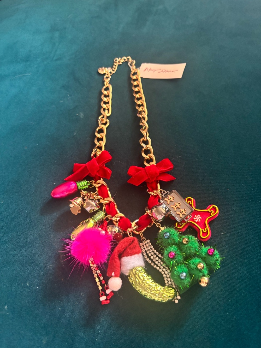 Betsey Johnson Gold Chain Holiday Charm Necklace with Red, Green, Pink Accents